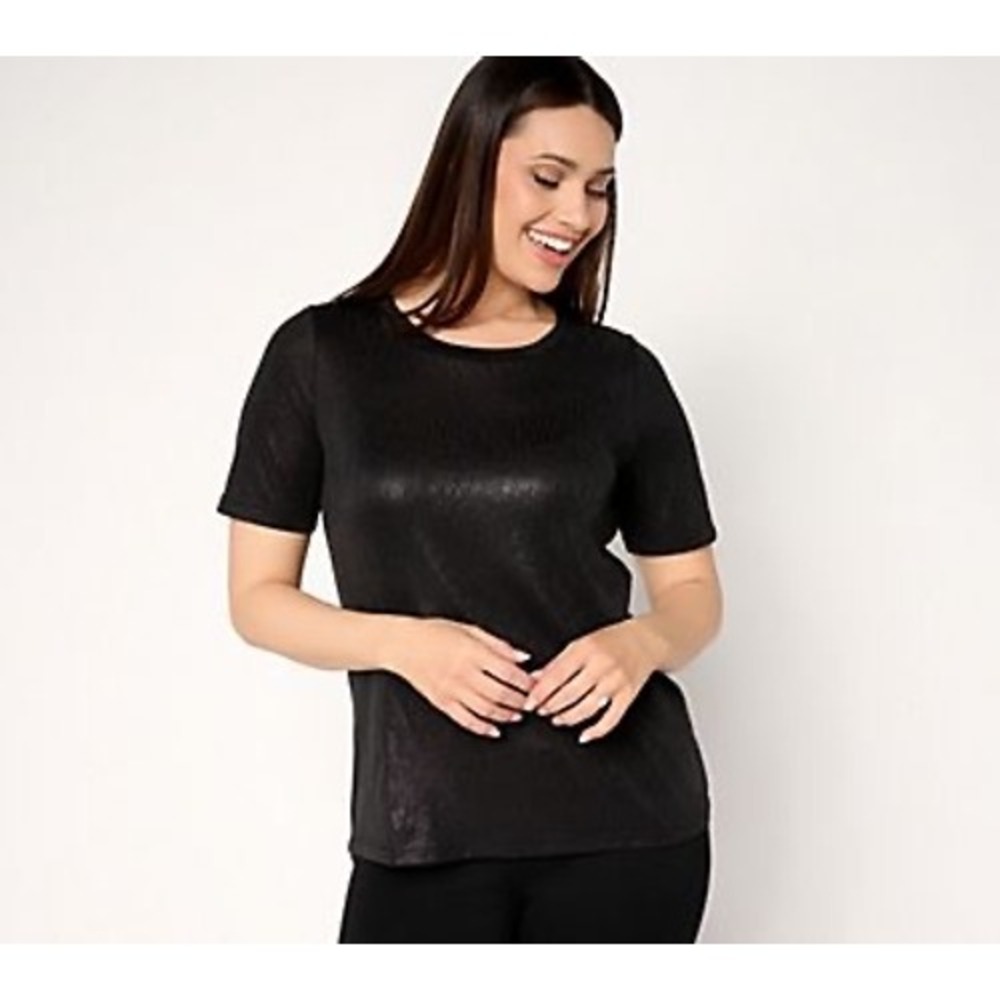 Susan Graver Essentials Liquid Knit Shimmer Short Sleeve Top Black Crew Neck